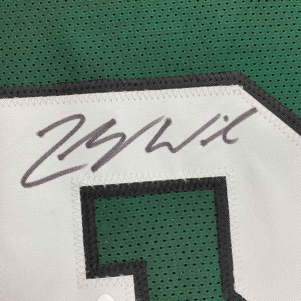 Framed Autographed/Signed Zach Wilson 35x39 New York Green Football Jersey JSA COA