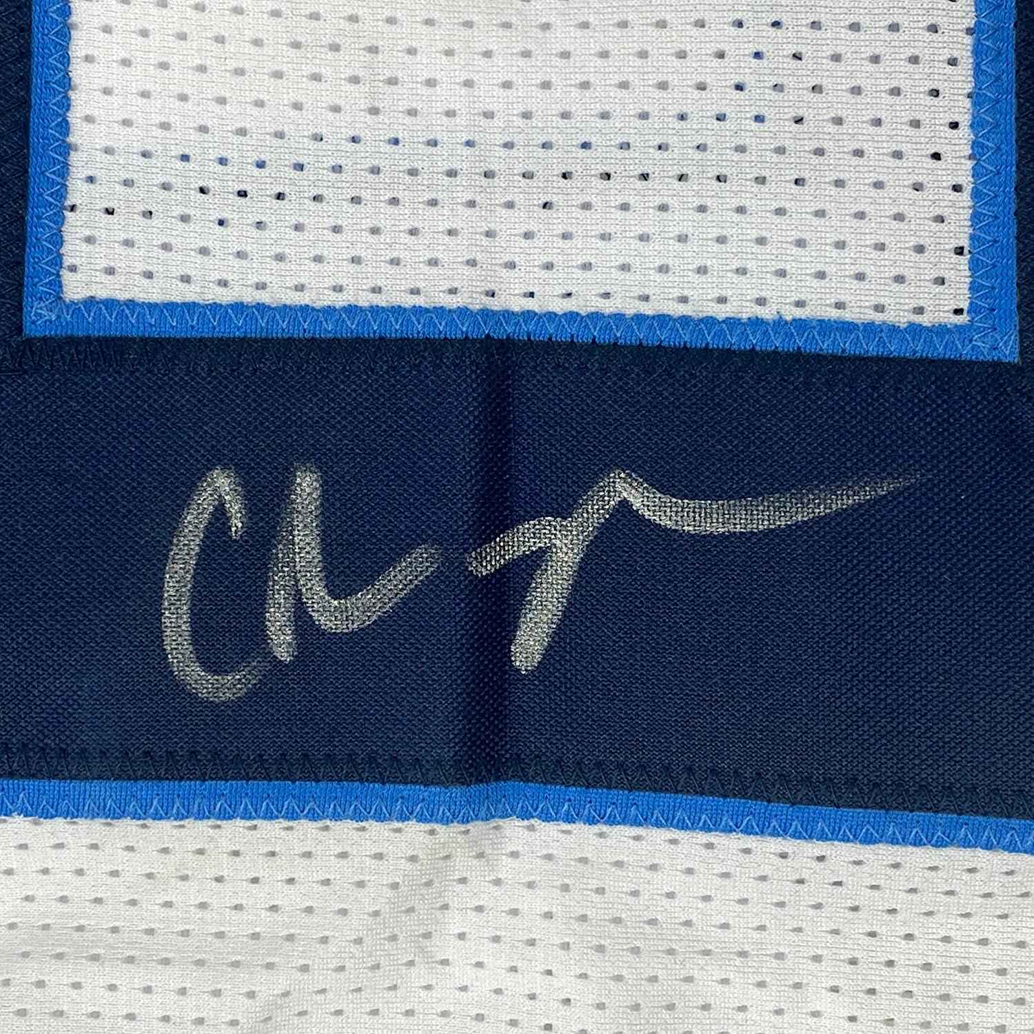 Framed Autographed/Signed Chris Johnson 35x39 Tennessee White Football Jersey JSA COA