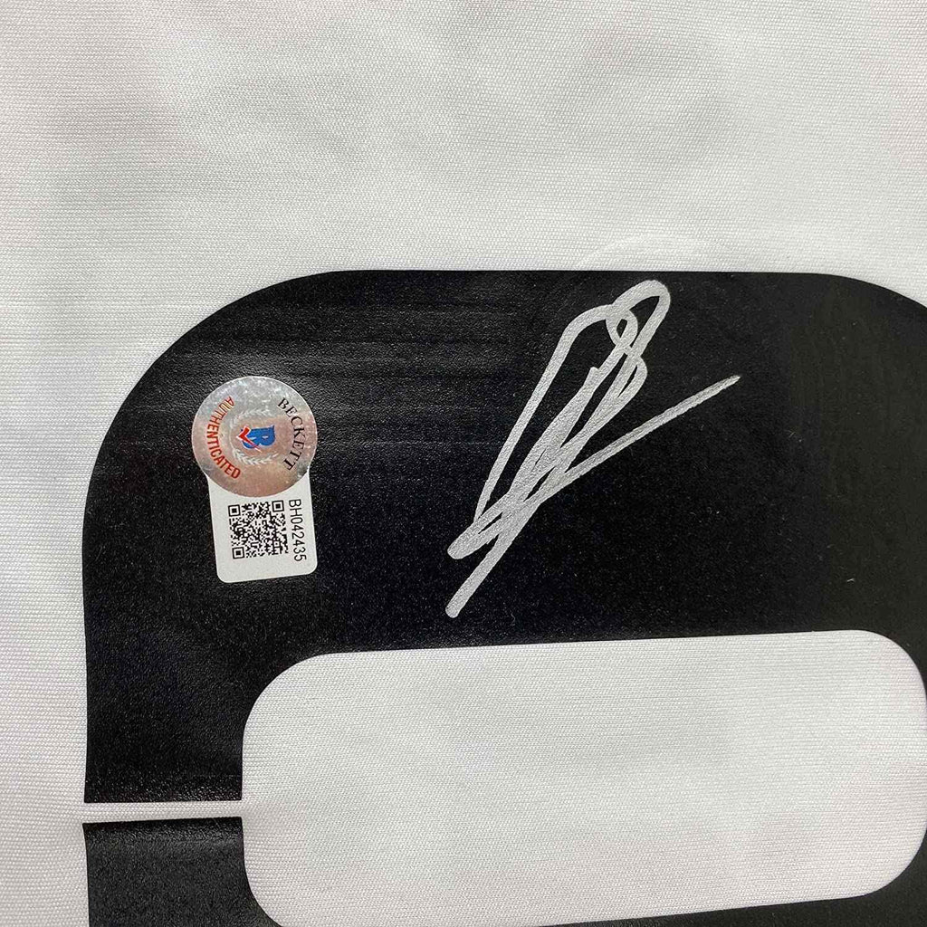 Framed Autographed/Signed Karim Benzema 35x39 Real Madrid 2022-23 White Soccer Jersey Beckett BAS COA