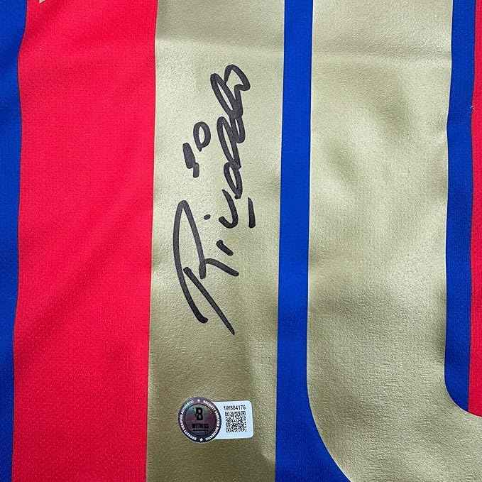 Framed Autographed/Signed Rivaldo 35x39 Ferreira FC Barcelona Blue Soccer Jersey Beckett BAS COA