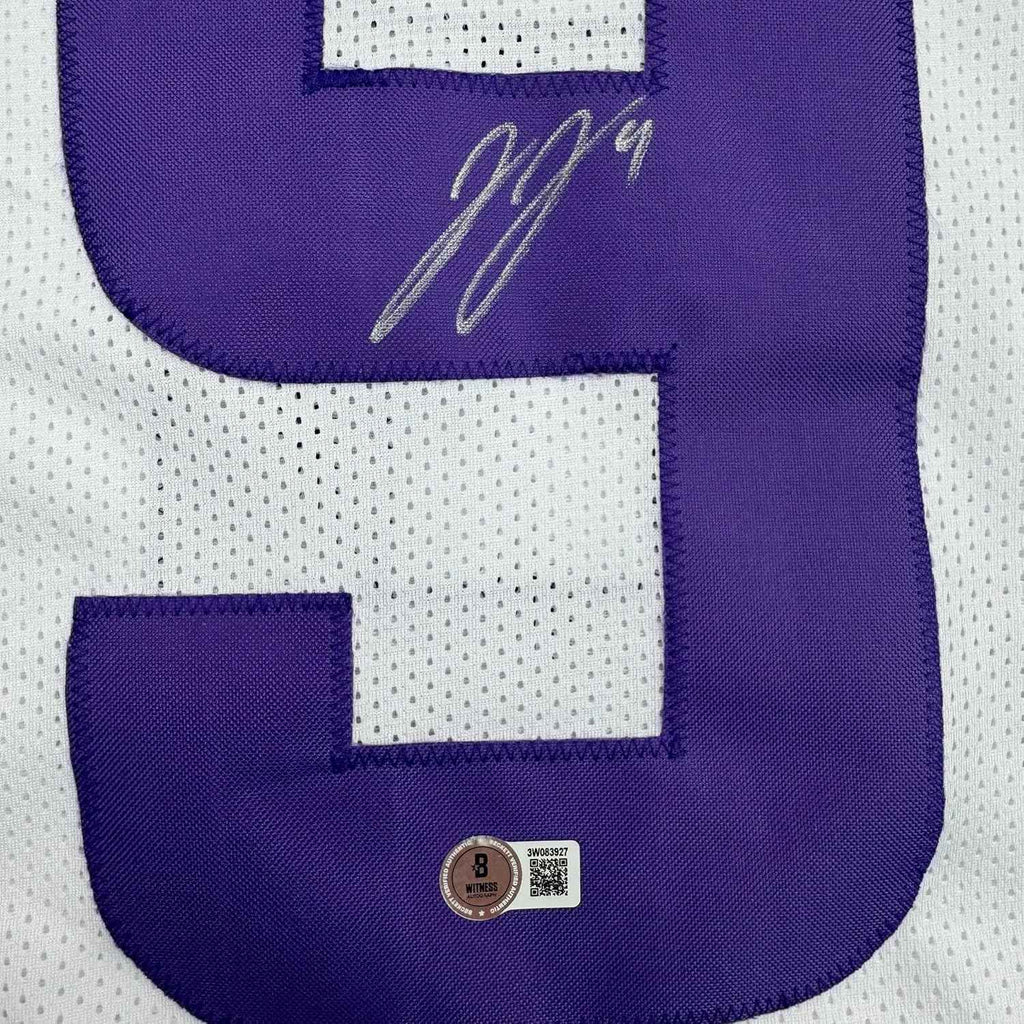 Framed Autographed/Signed J.J. JJ McCarthy 35x39 Minnesota White Football Jersey Beckett BAS COA