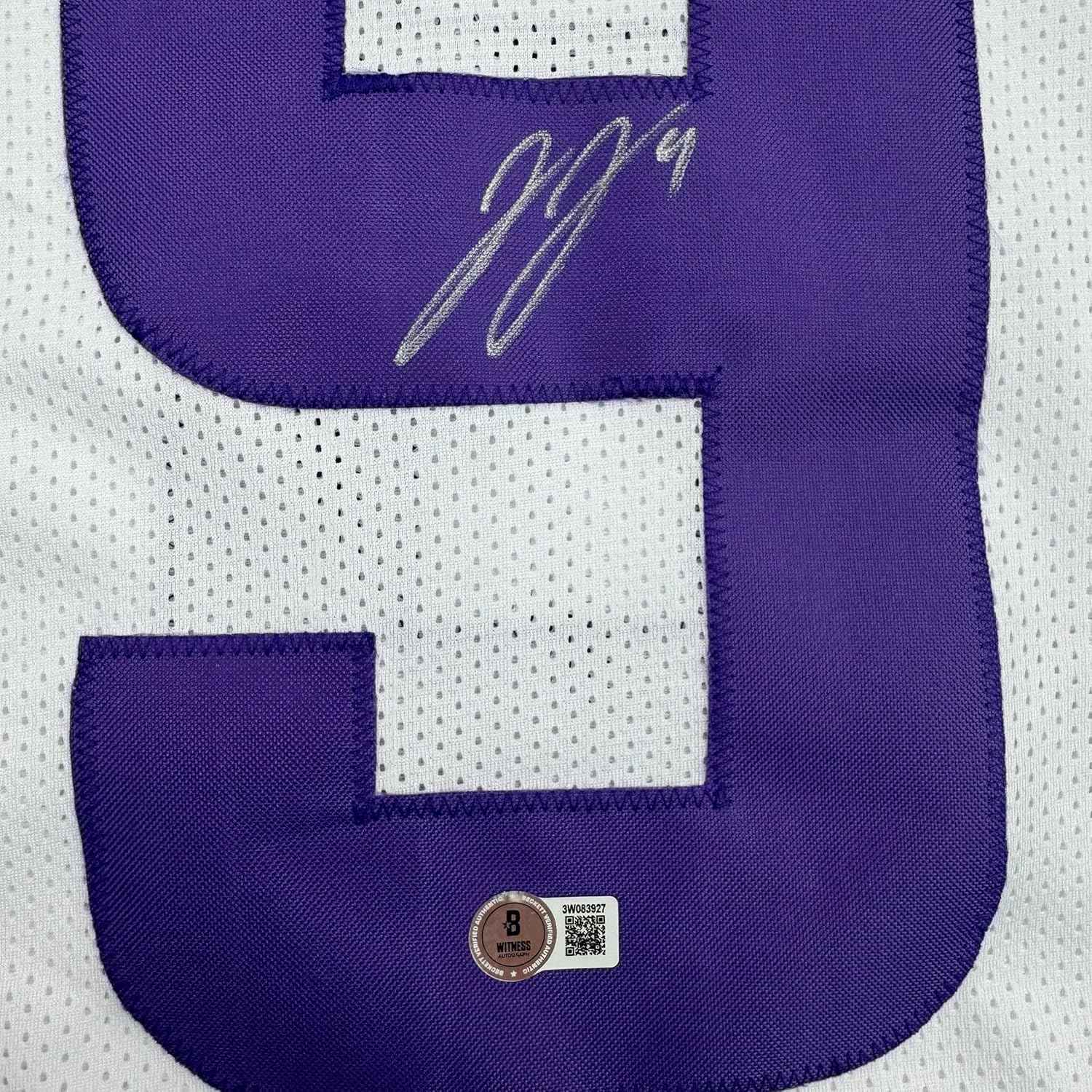 Framed Autographed/Signed J.J. JJ McCarthy 35x39 Minnesota White Football Jersey Beckett BAS COA