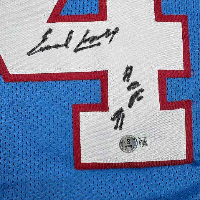Framed Autographed/Signed Earl Campbell HOF 91 35x39 Houston Blue Stat Football Jersey JSA COA