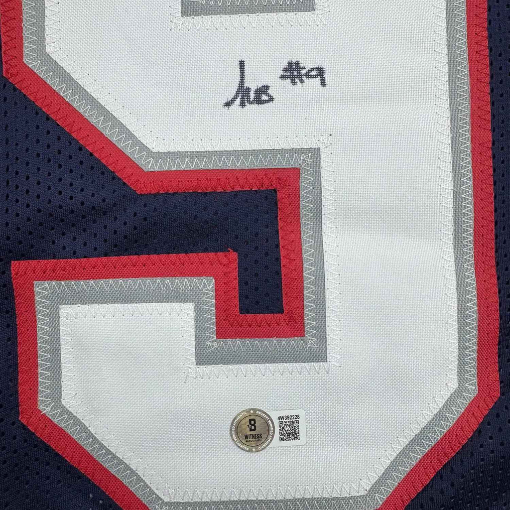 Framed Autographed/Signed Kayshon Boutte 35x39 New England Blue Football Jersey Beckett BAS COA