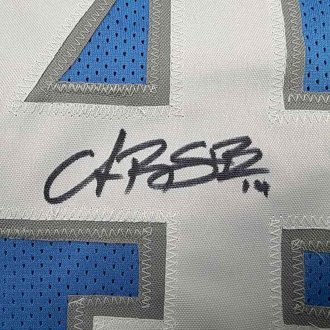 Framed Autographed/Signed Amon-Ra St. Brown 35x39 Detroit Current Blue Football Jersey Beckett BAS COA