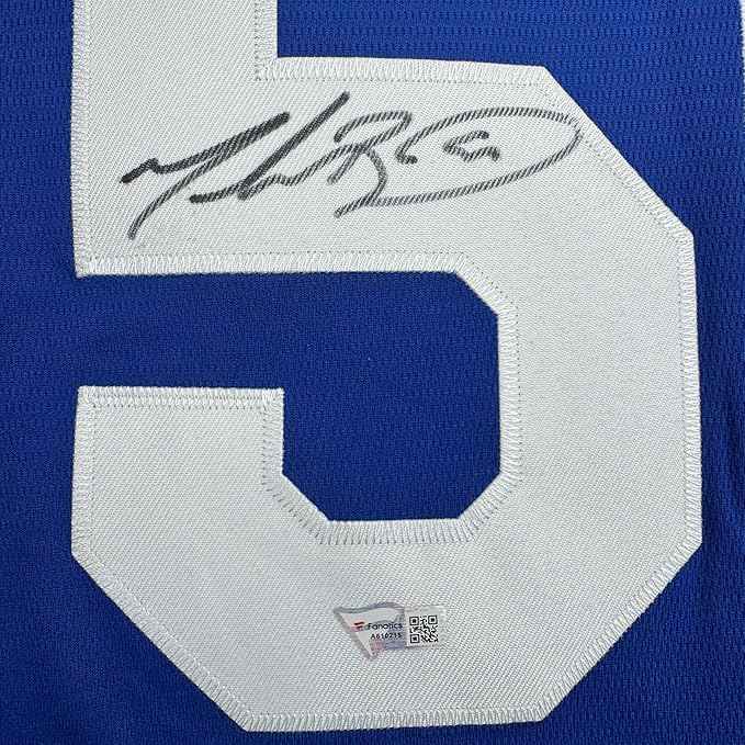 Framed Autographed/Signed Mookie Betts 35x39 Los Angeles LA Blue Baseball Jersey Fanatics COA
