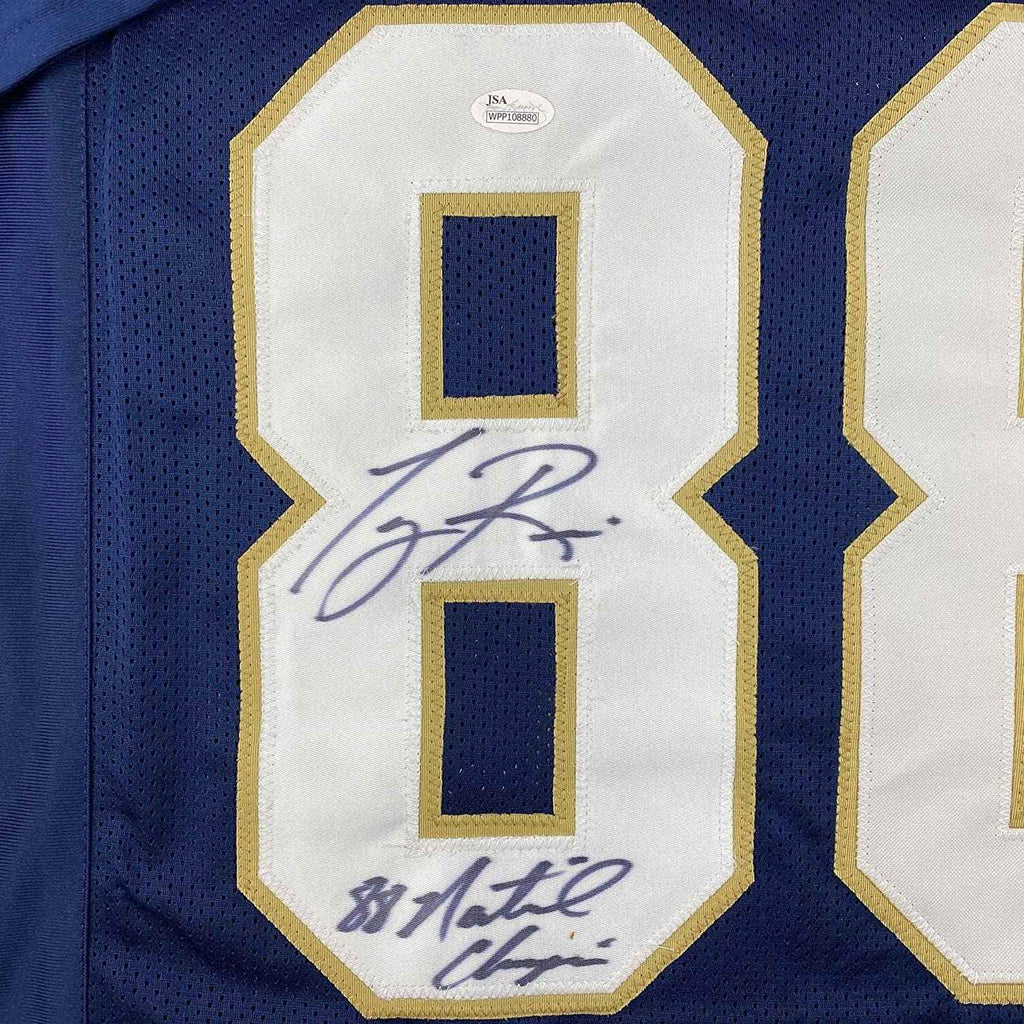 Framed Autographed/Signed Tony Rice 35x39 1988 National Champions Notre Dame Blue College Football Jersey JSA COA