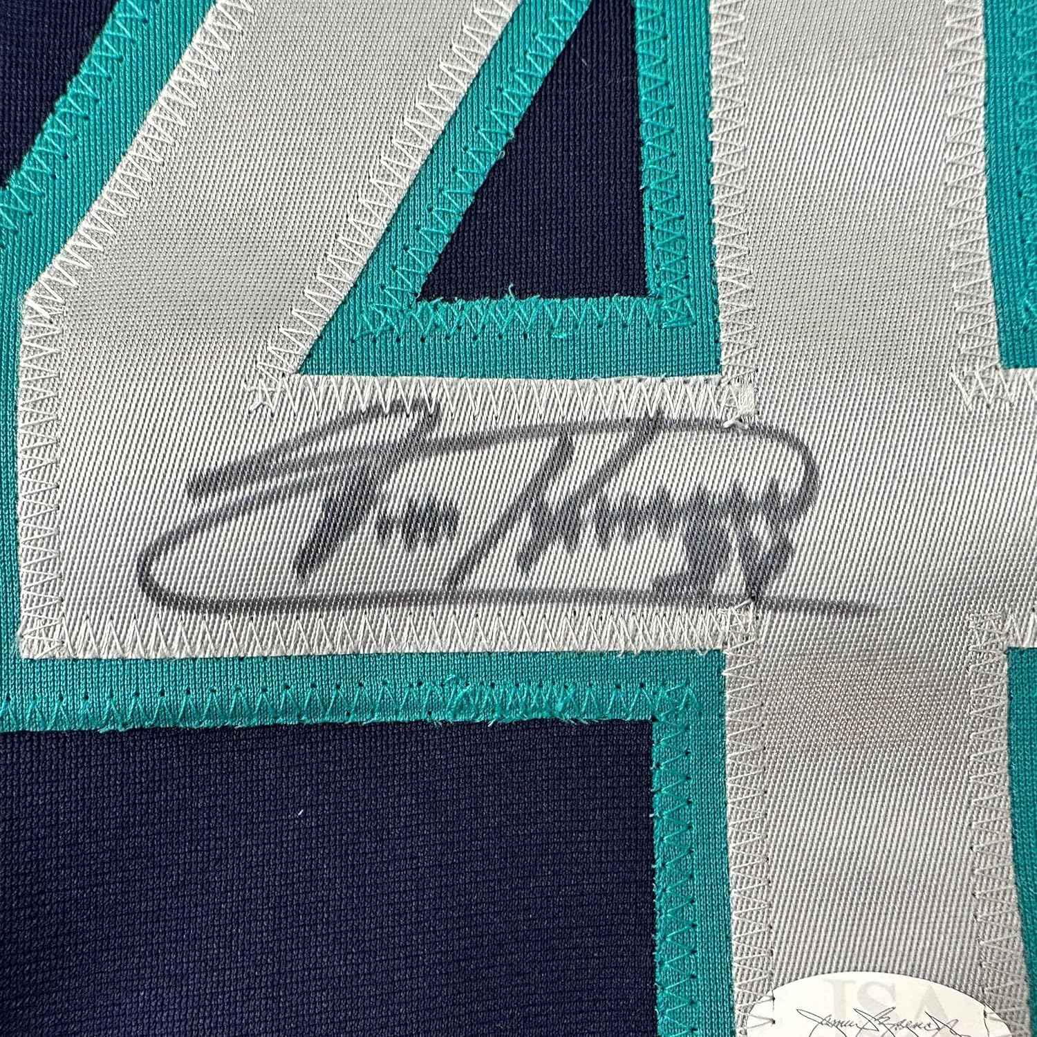 Framed Autographed/Signed Felix Hernandez 35x39 Seattle Blue Baseball Jersey JSA COA