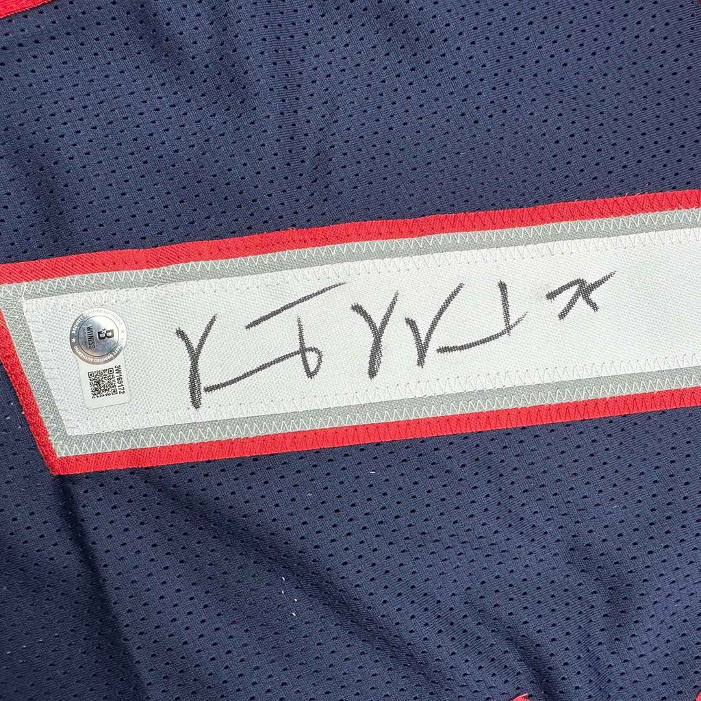 Framed Autographed/Signed Vince Wilfork 35x39 New England Blue Football Jersey Beckett BAS COA