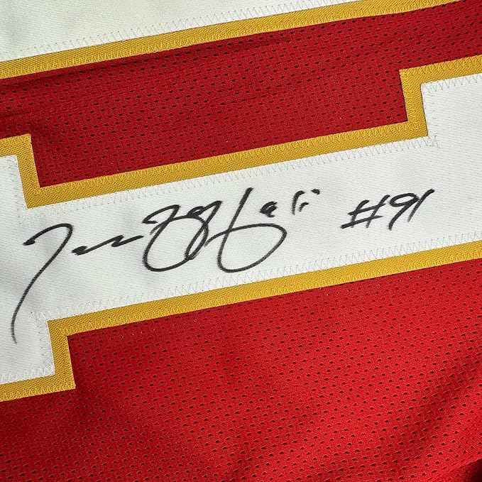 Framed Autographed/Signed Tamba Hali 35x39 Kansas City Red Football Jersey Beckett BAS COA