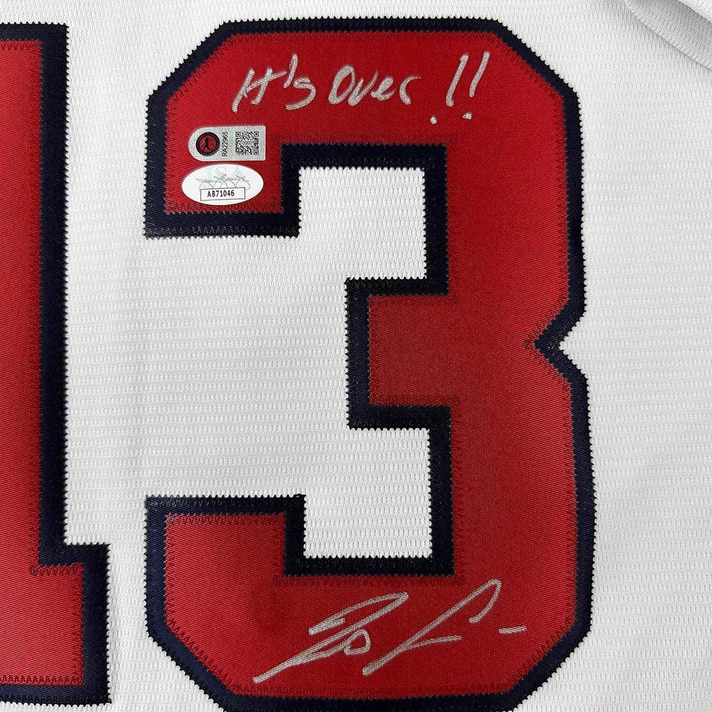 Framed Autographed/Signed Ronald Acuna Jr. 35x39 It's Over Majestic Atlanta Braves White Baseball Jersey JSA COA