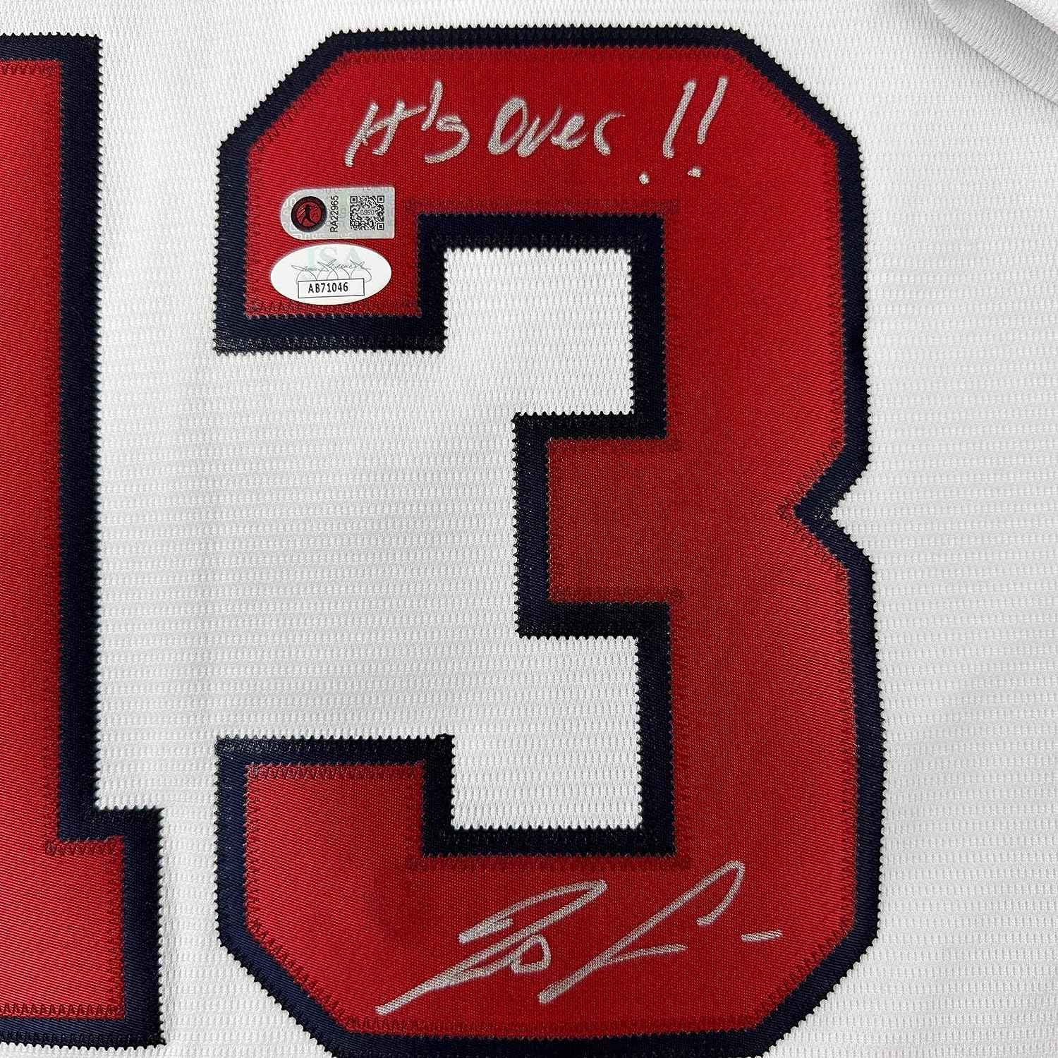 Framed Autographed/Signed Ronald Acuna Jr. 35x39 It's Over Majestic Atlanta Braves White Baseball Jersey JSA COA