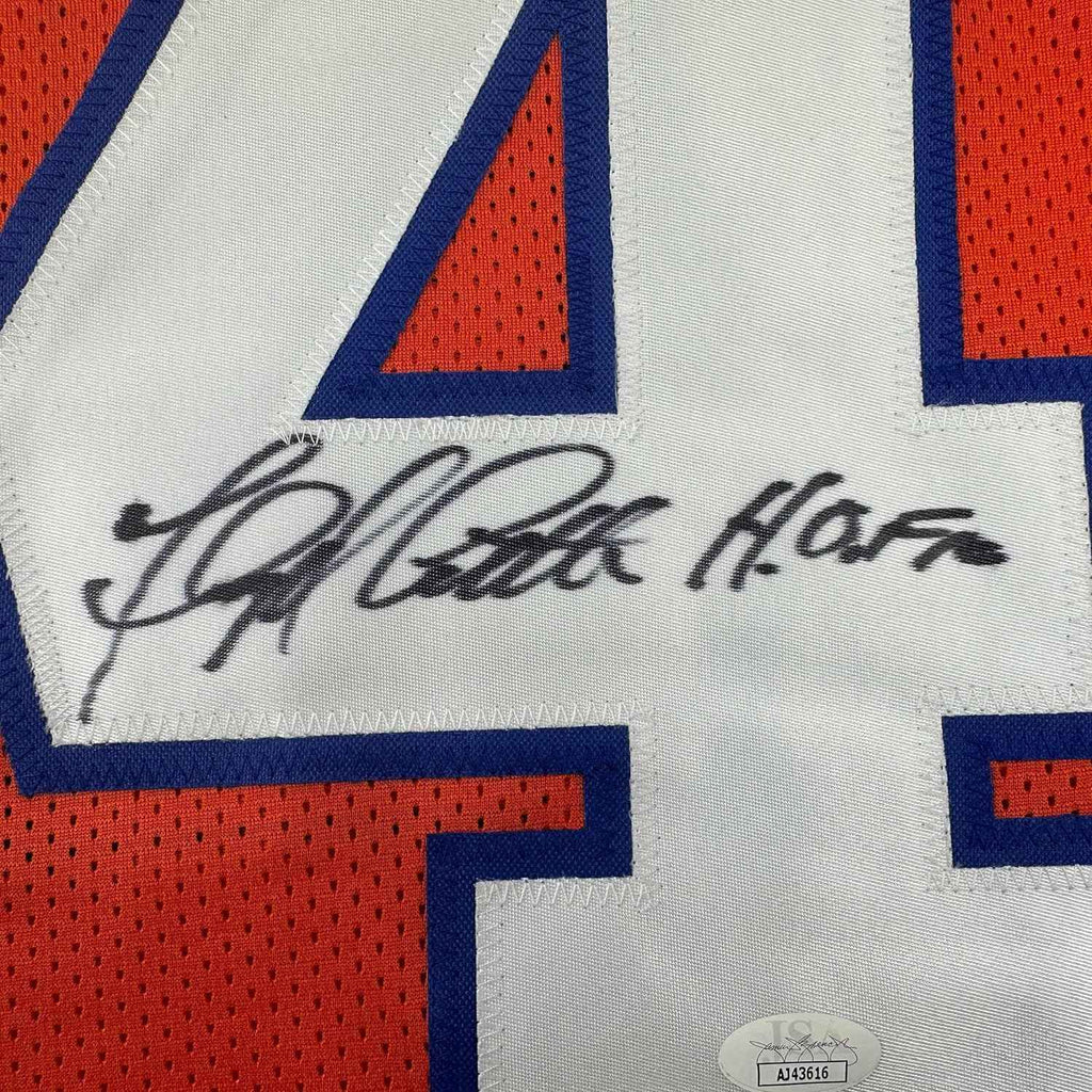 Framed Autographed/Signed Floyd Little 35x39 HOF Denver Orange Football Jersey JSA COA