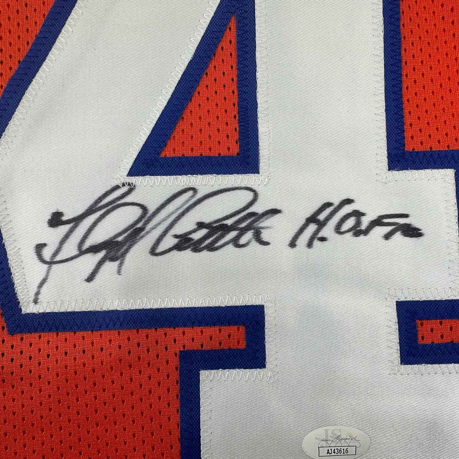 Framed Autographed/Signed Floyd Little 35x39 HOF Denver Orange Football Jersey JSA COA