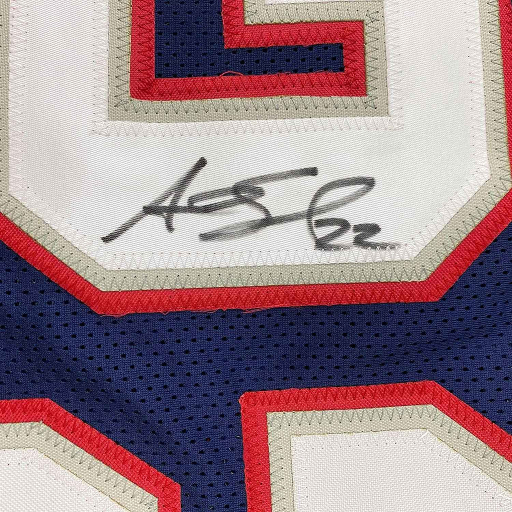 Framed Autographed/Signed Asante Samuel Sr. 35x39 New England Blue Football Jersey JSA COA