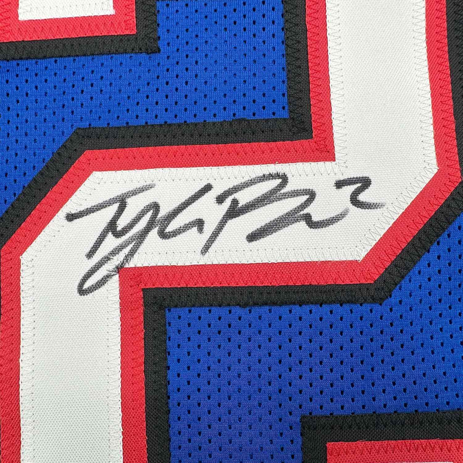 Framed Autographed/Signed Tyler Bass 35x39 Buffalo Blue Football Jersey JSA COA
