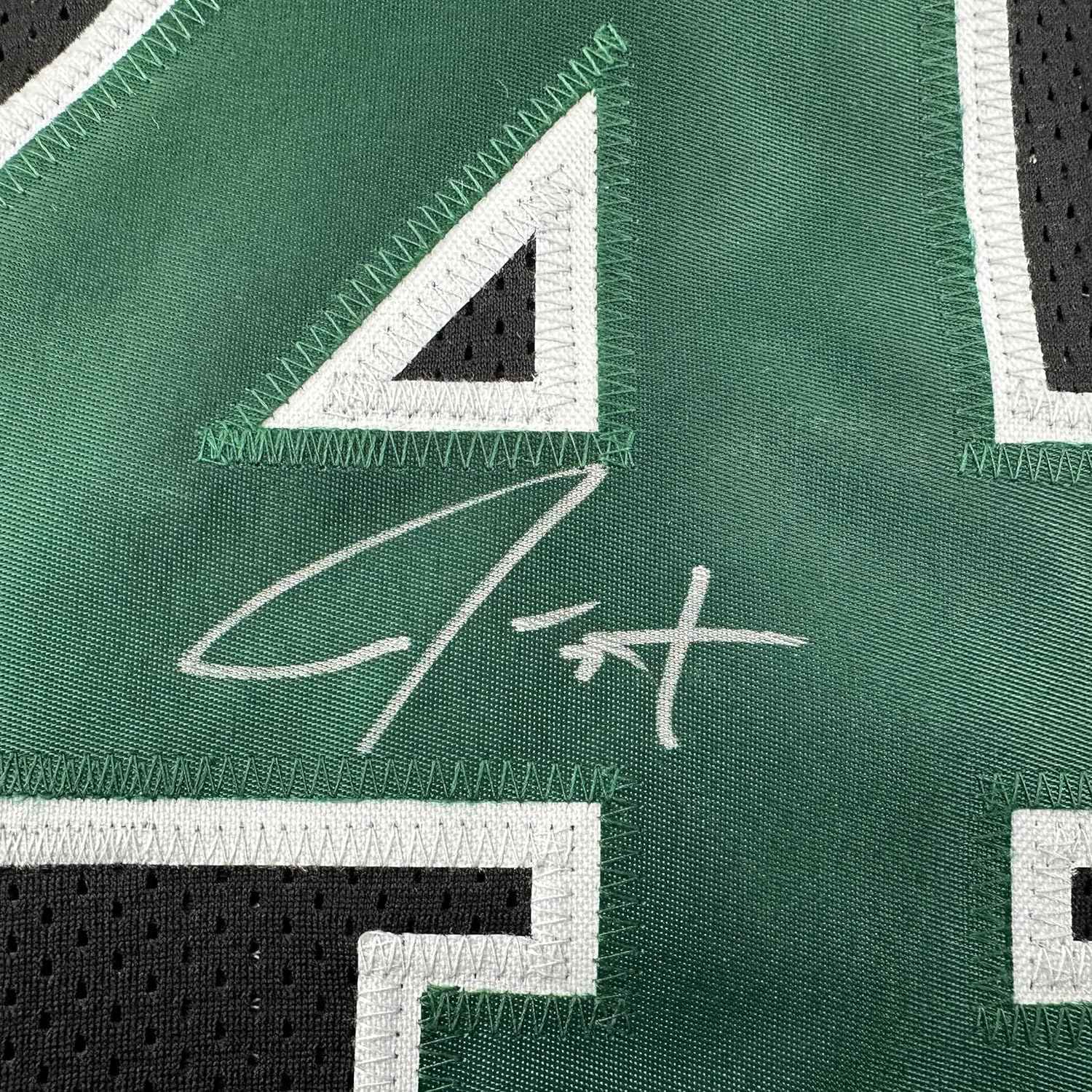 Framed Autographed/Signed Jrue Holiday 35x39 Boston Black Basketball Jersey JSA COA