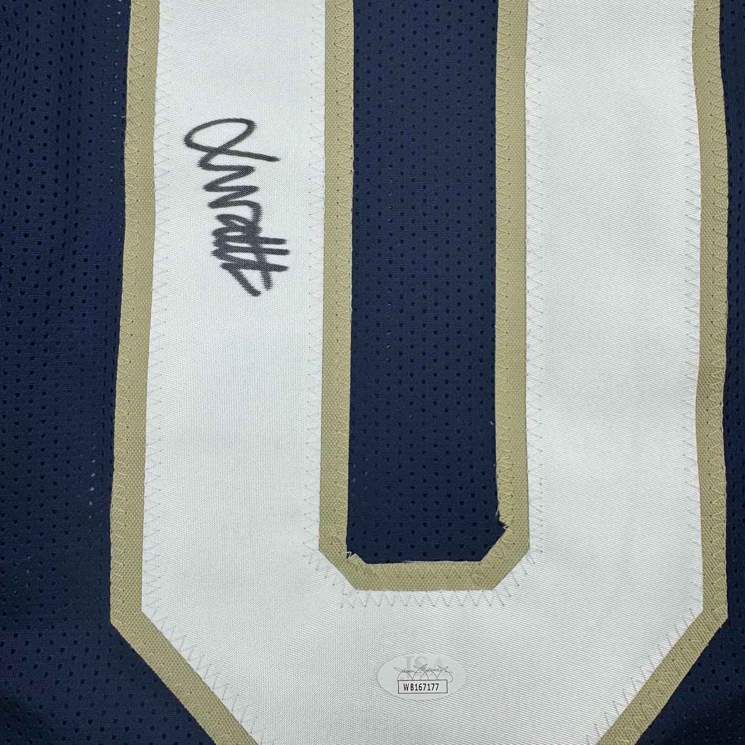 Framed Autographed/Signed Xavier Watts 35x39 Notre Dame Blue College Football Jersey JSA COA