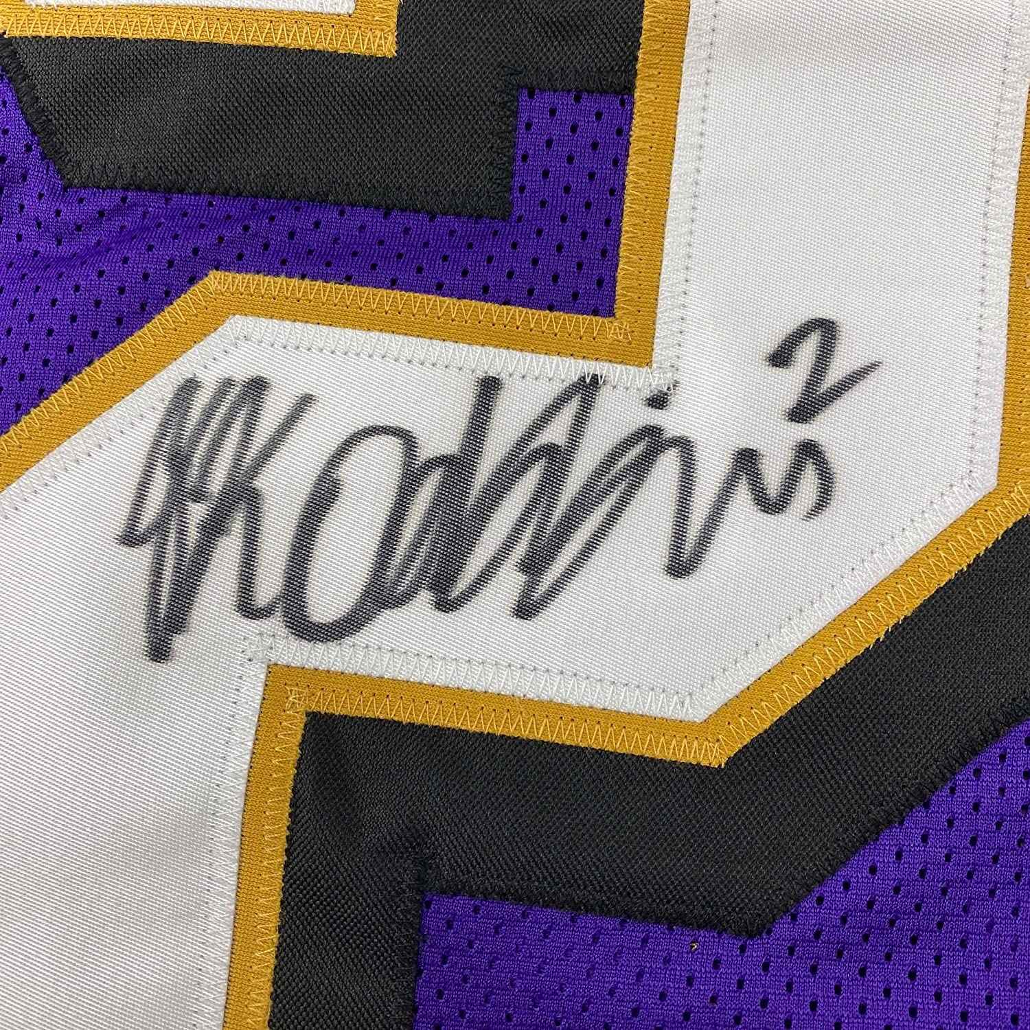 Framed Autographed/Signed JK J.K. Dobbins 35x39 Baltimore Purple Football Jersey JSA COA