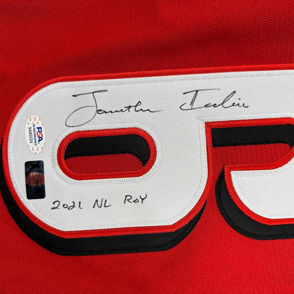 Framed Autographed/Signed Jonathan India 35x39 2021 NL ROY Cincinnati Red Baseball Jersey JSA COA