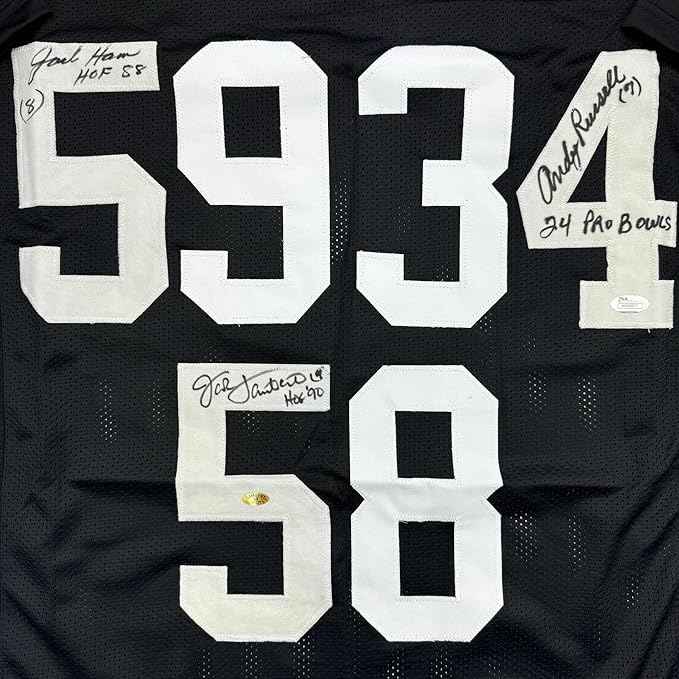 Framed Autographed/Signed Jack Ham, Jack Lambert, and Andy Russell Inscribed "24 Pro Bowls", "HOF 88" & "HOF 90" 35x39 Pittsburgh Black Football Jersey JSA COA