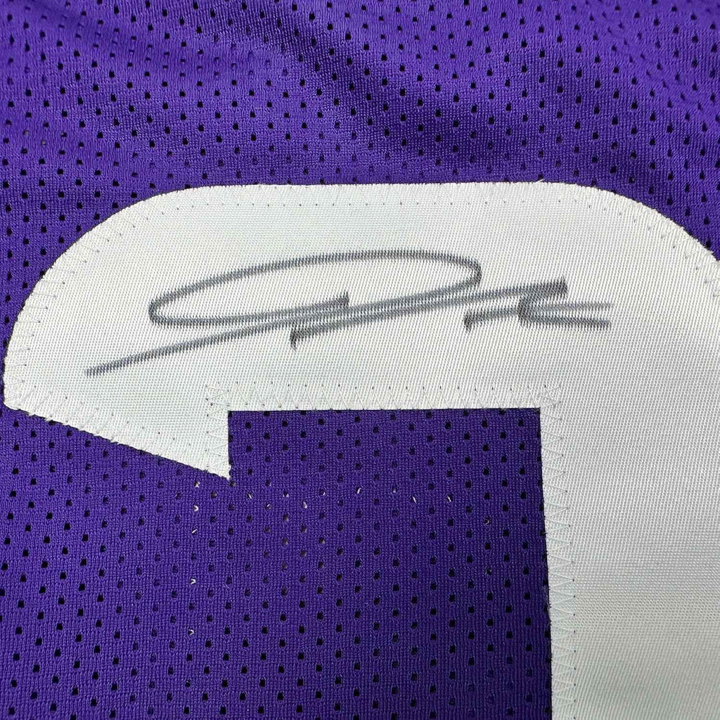 Framed Autographed/Signed Jordan Addison 35x39 Minnesota Purple Football Jersey JSA COA
