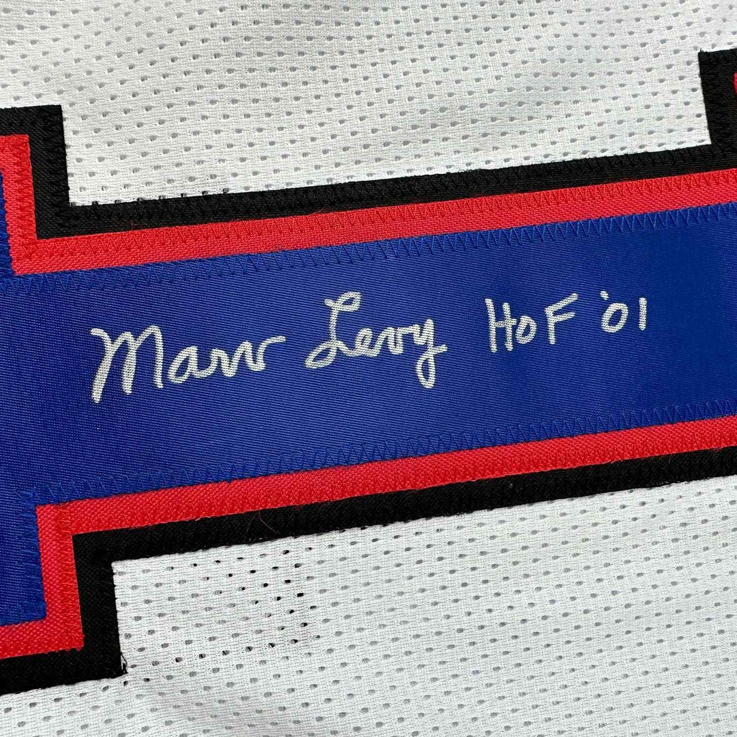 Framed Autographed/Signed Coach Marv Levy 35x39 HOF 01 Buffalo White Football Jersey Beckett BAS COA