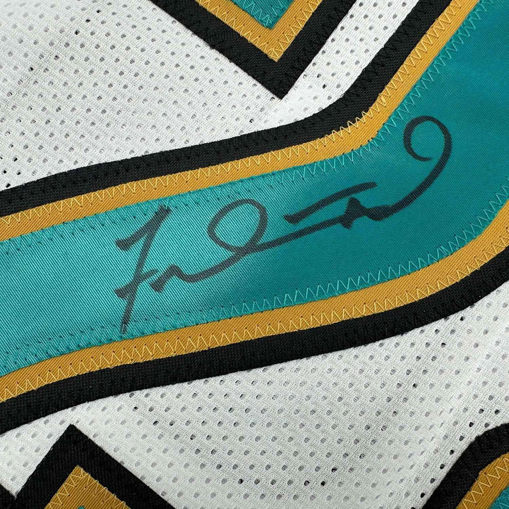 Framed Autographed/Signed Fred Taylor 35x39 Jacksonville White Football Jersey JSA COA