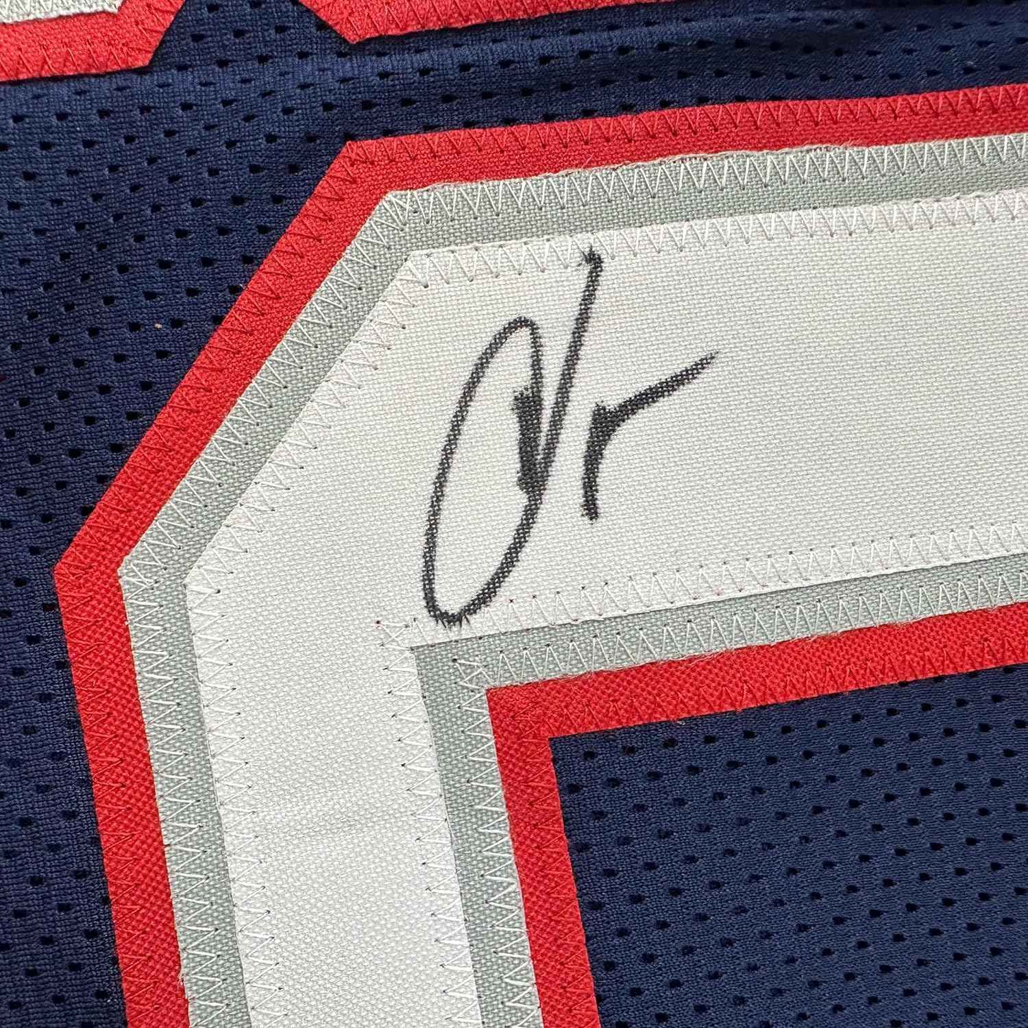 Framed Autographed/Signed Chad Ochocinco (Johnson) 35x39 New England Blue Football Jersey JSA COA