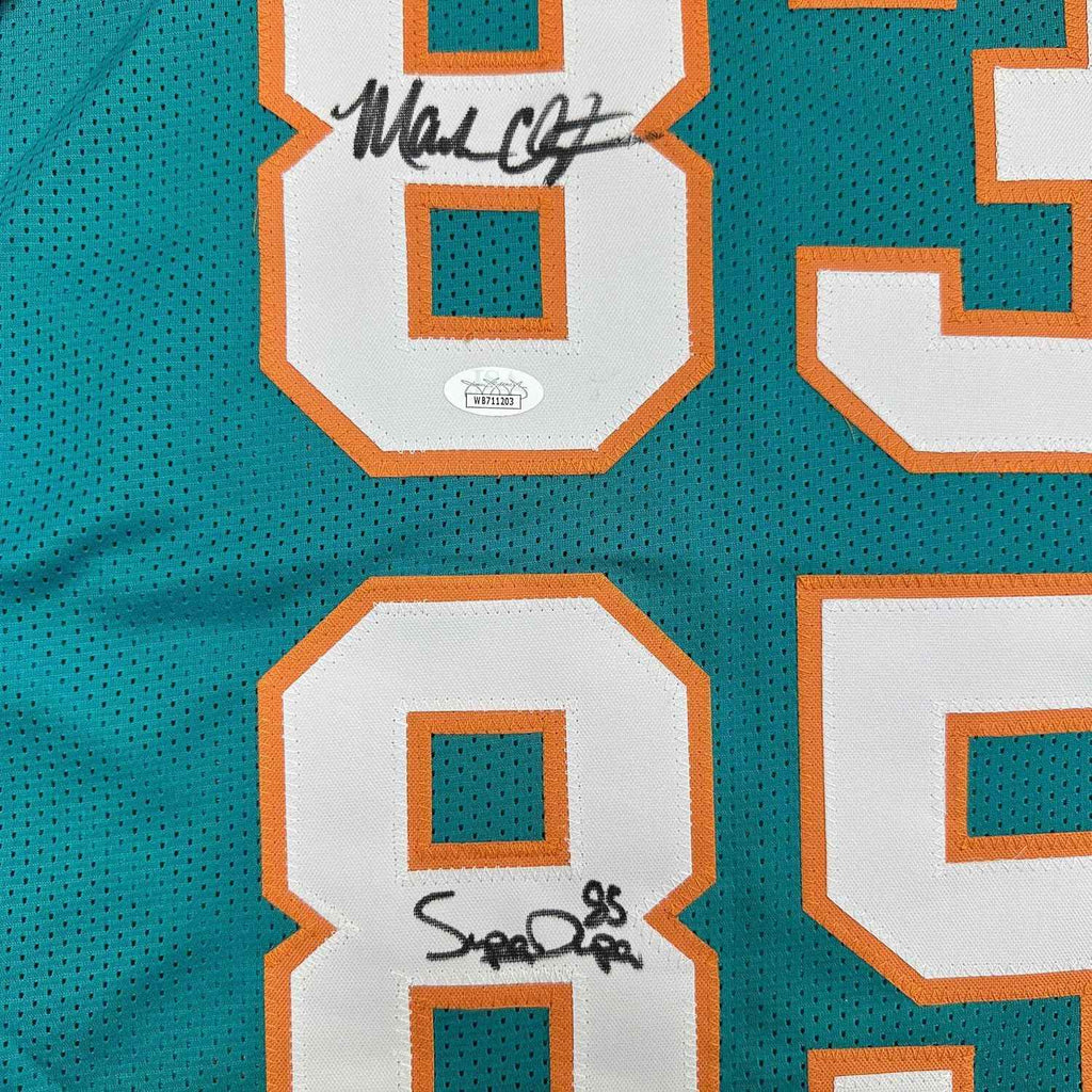 Framed Autographed/Signed Marks Brothers Mark Clayton & Mark Duper 35x39 Miami Teal Football Jersey JSA COA