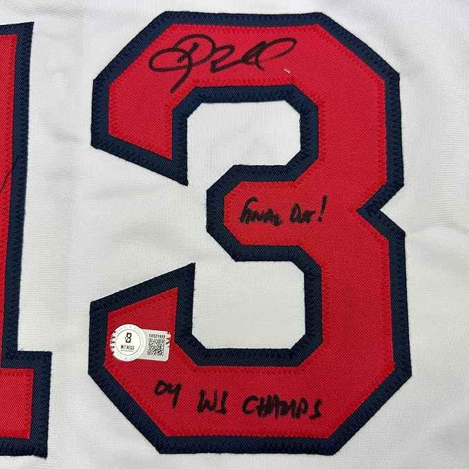 Framed Autographed/Signed Doug Mientkiewicz 35x39 Final Out! 04 WS Champs! Boston White Baseball Jersey Beckett BAS COA