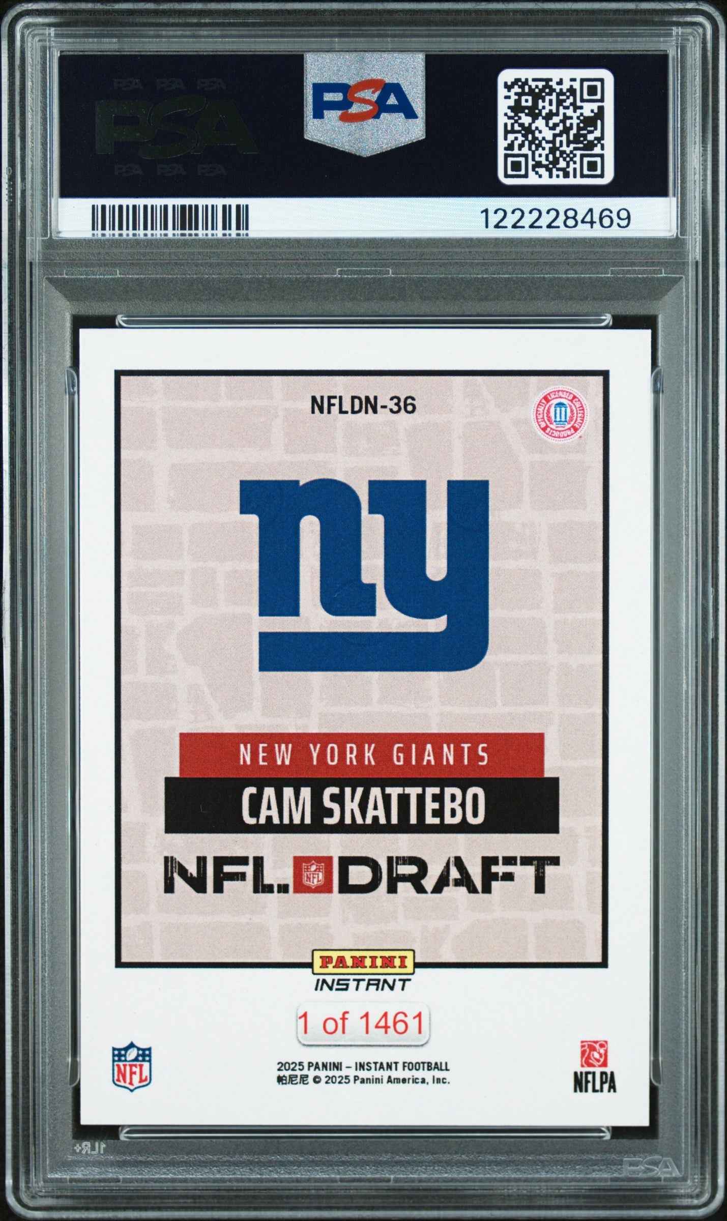Graded 2025 Panini Instant Cam Skattebo #NFLDN36 NFL Draft Night Rookie RC Football Card PSA 9 Mint