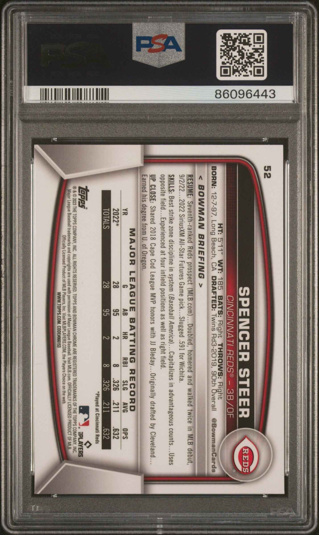 Graded 2023 Topps Bowman Chrome Sapphire Edition Spencer Steer #52 Rookie RC Baseball Card PSA 10 Gem Mint