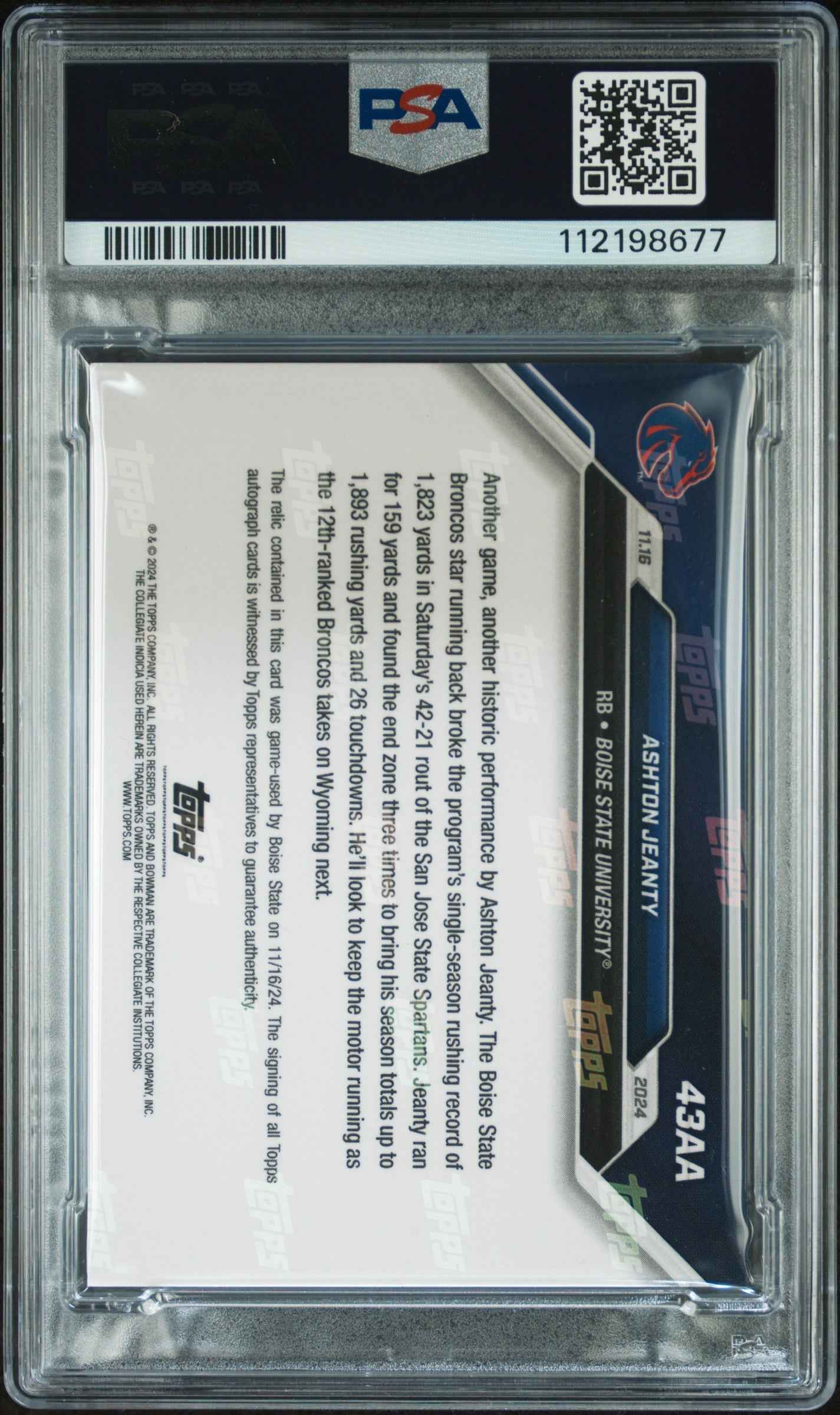 Graded 2024 Topps Bowman U Now Ashton Jeanty #43AA Autograph Relic /10 Rookie RC Football Card PSA 10 Gem Mint Auto Grade PSA 9 Mint Auto Grade PSA 10 Gem Mint