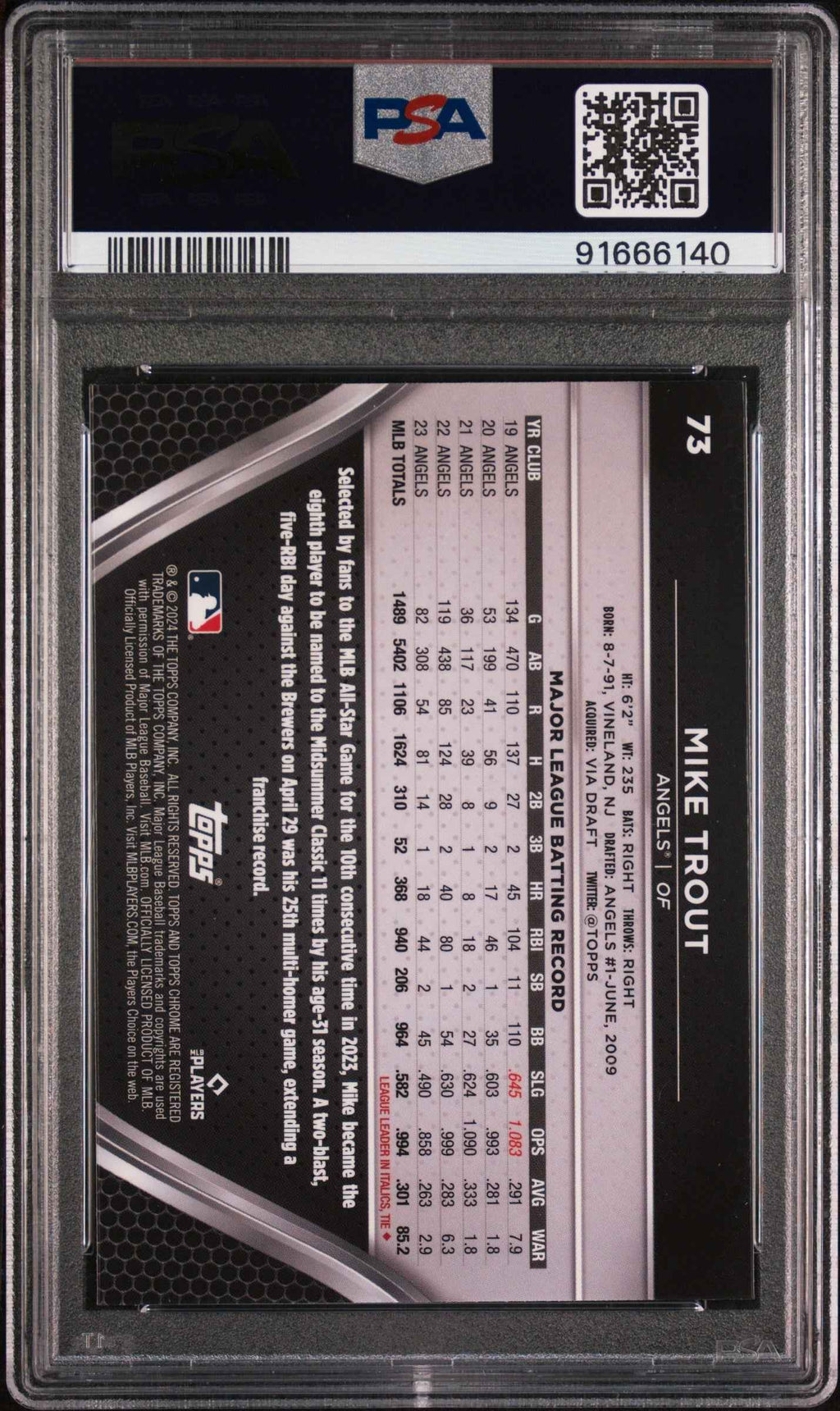 Graded 2024 Topps Chrome Black Mike Trout #73 Baseball Card PSA 10 Gem Mint