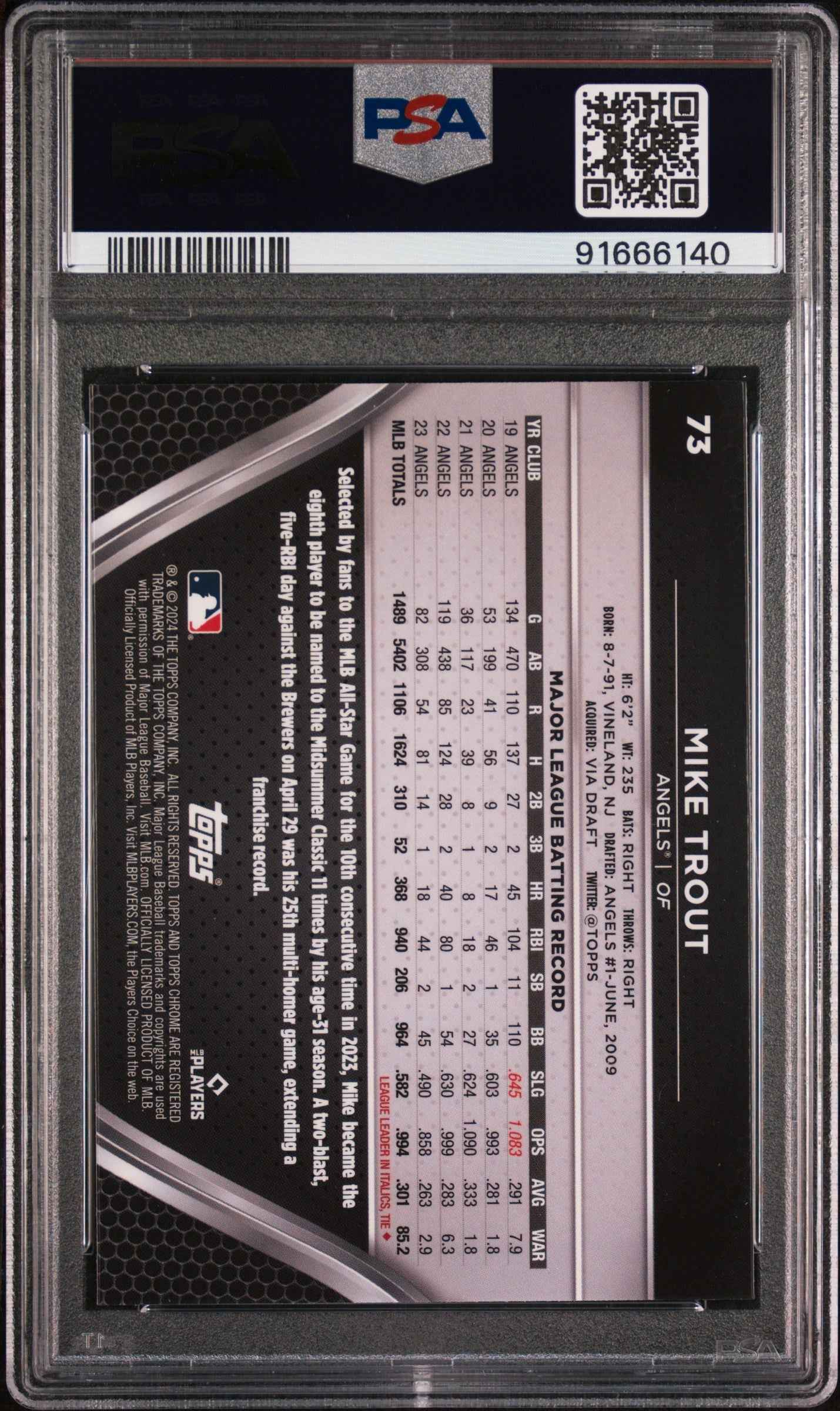 Graded 2024 Topps Chrome Black Mike Trout #73 Baseball Card PSA 10 Gem Mint
