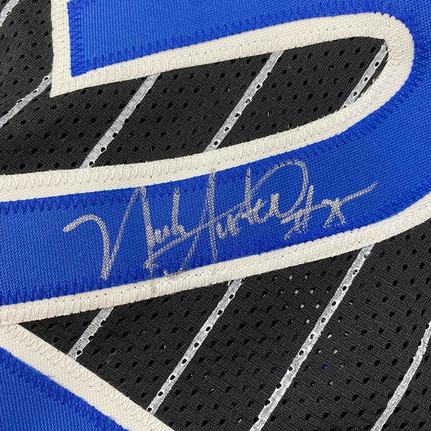Framed Autographed/Signed Nick Anderson 35x39 Orlando Black Pinstripe Basketball Jersey PSA/DNA COA