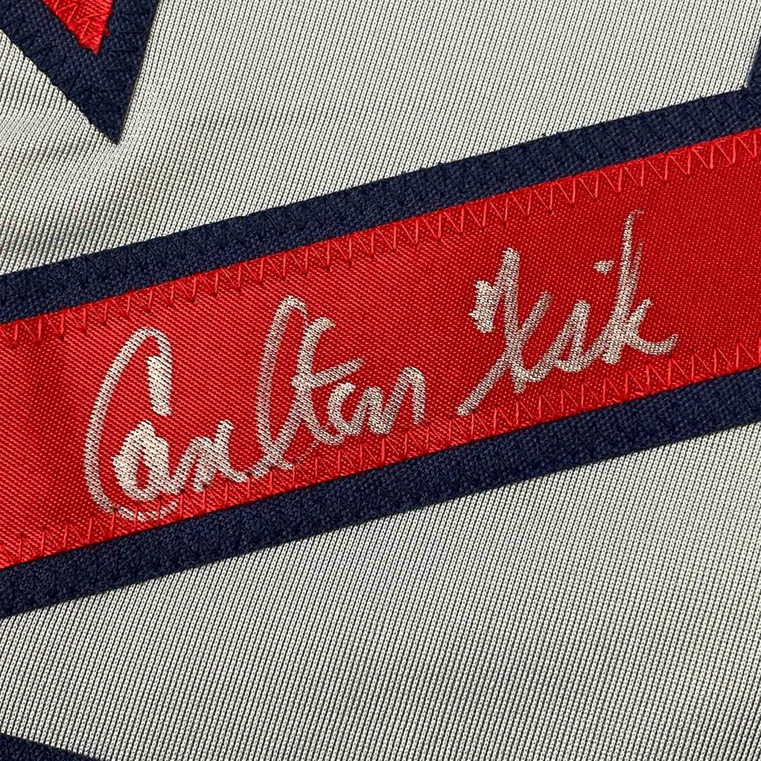 Framed Autographed/Signed Carlton Fisk 35x39 Boston Grey Baseball Jersey JSA COA