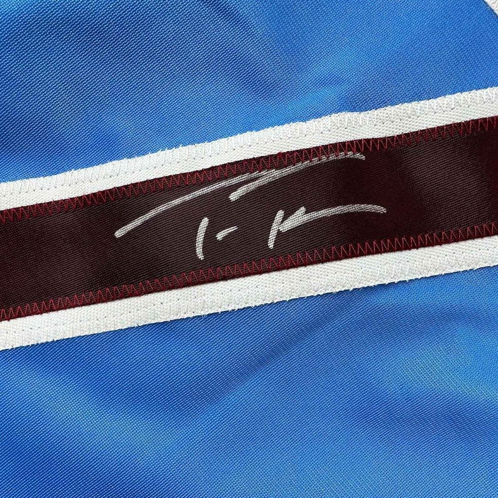 Framed Autographed/Signed Trea Turner 35x39 Philadelphia Blue Retro Baseball Jersey Beckett BAS COA
