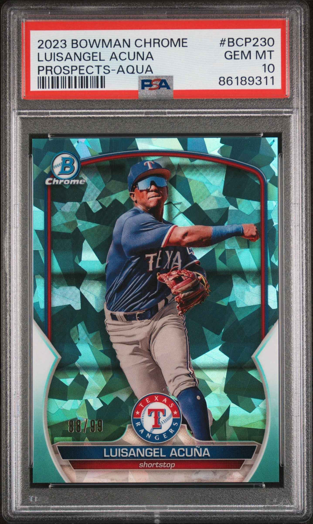 Graded 2023 Topps Bowman Chrome Luisangel Acuna #BCP230 Prospects Aqua #/99 Rookie RC Baseball Card PSA 10 Gem Mint
