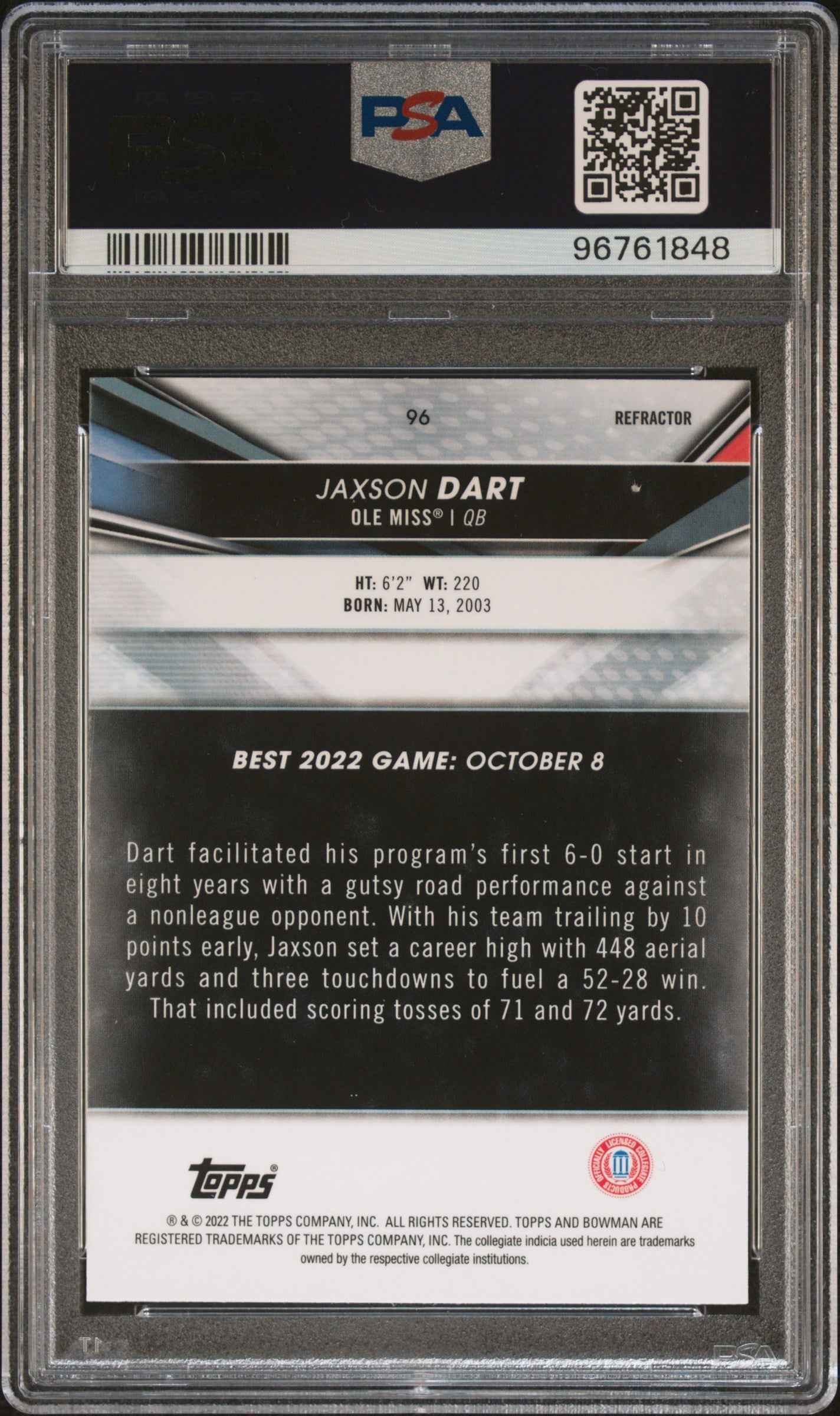 Graded 2022 Topps Bowman Best University Jaxson Dart #96 Refractor Rookie RC Football Card PSA 10 Gem Mint