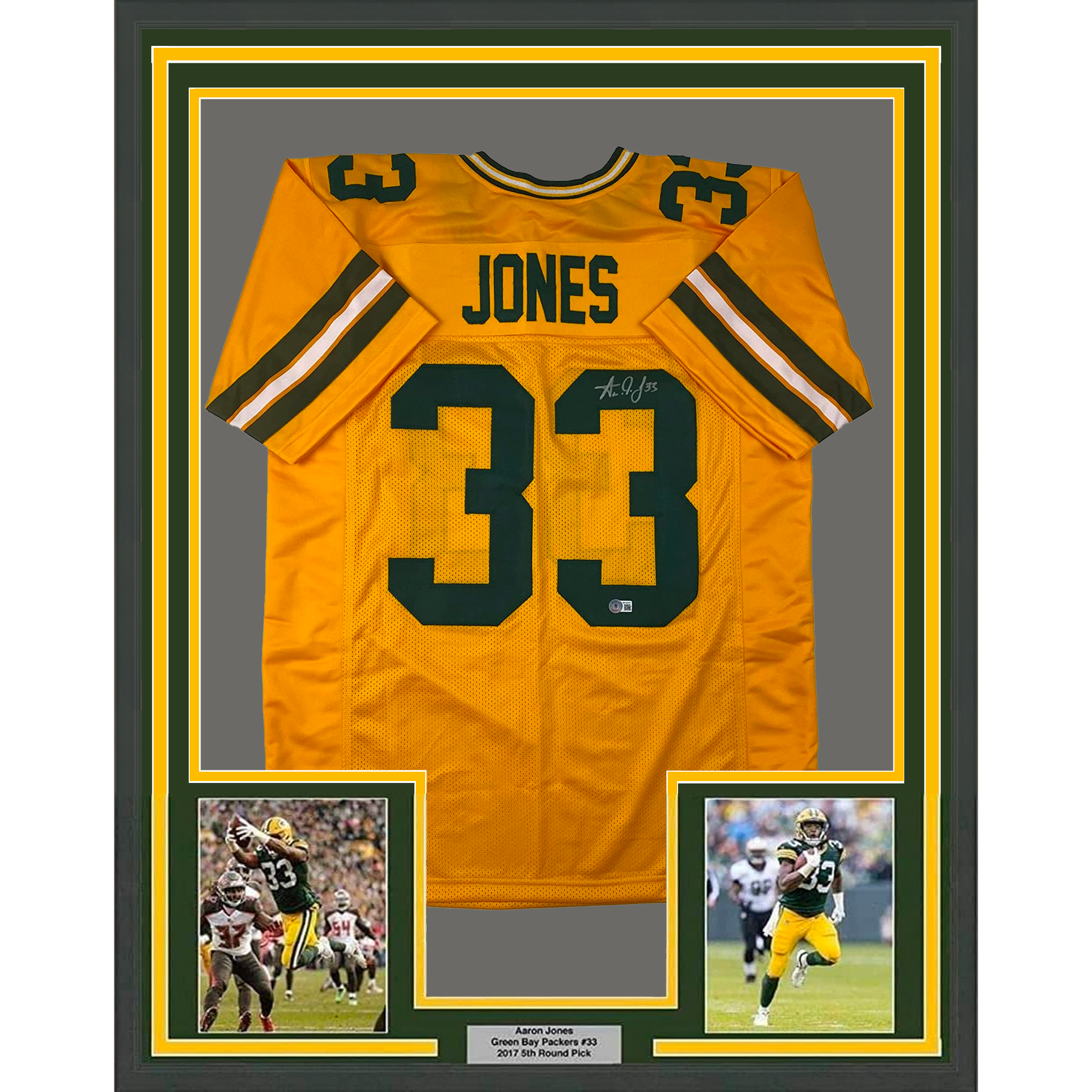 Framed Autographed/Signed Aaron Jones 35x39 Green Bay Yellow Football Jersey Beckett BAS COA
