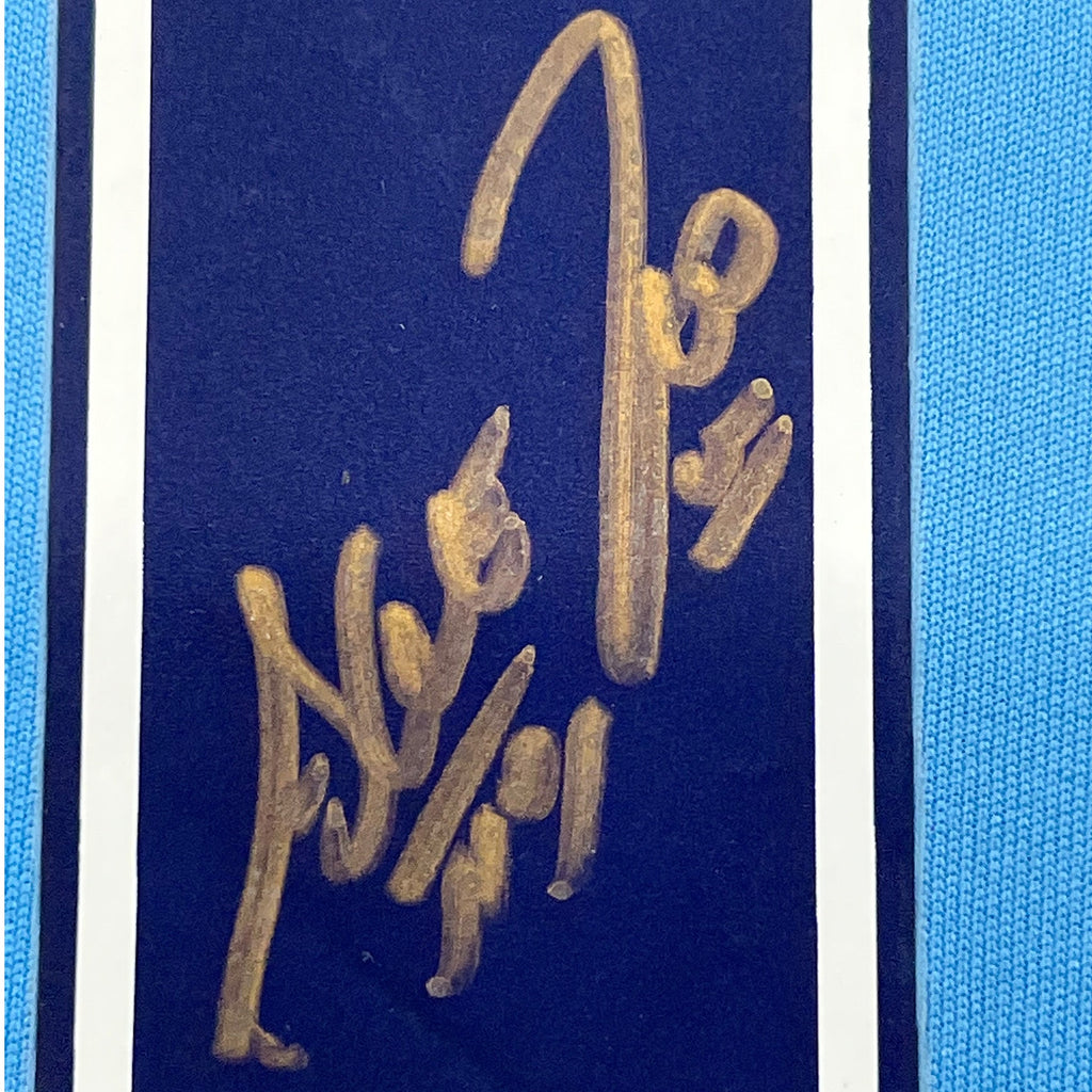 Framed Autographed/Signed Sergio Kun Aguero 35x39 Manchester City Blue Soccer Futbol Jersey Beckett BAS COA