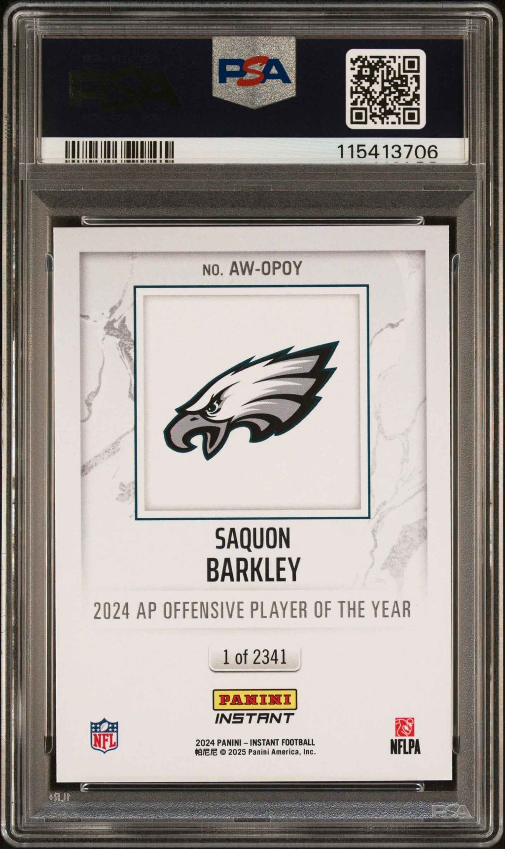 Graded 2024 Panini Instant NFL Saquon Barkley #OPOY Award Winners Football Card PSA 9 Mint