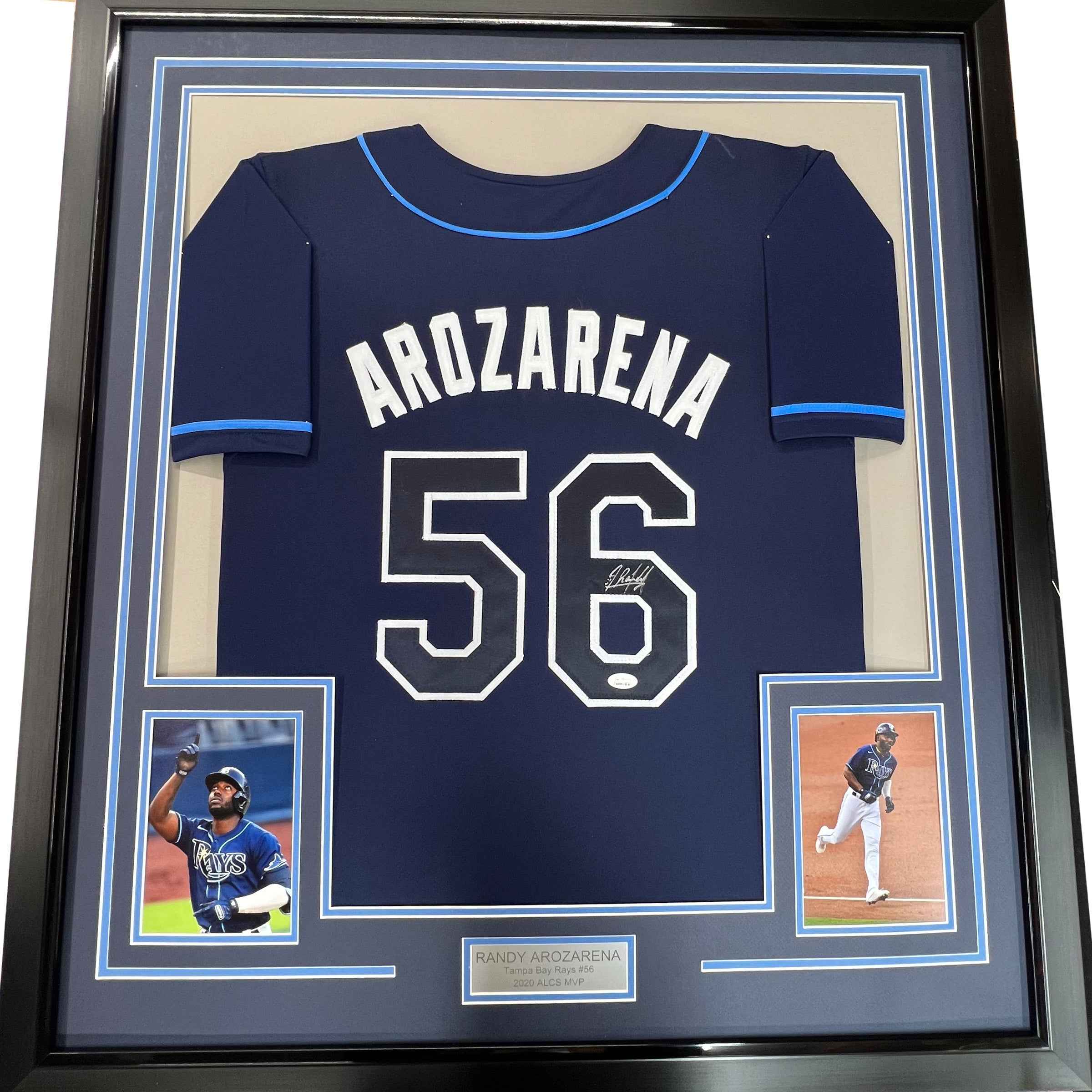 Framed Autographed/Signed Randy Arozarena 35x39 Tampa Bay Dark Blue Baseball Jersey JSA COA