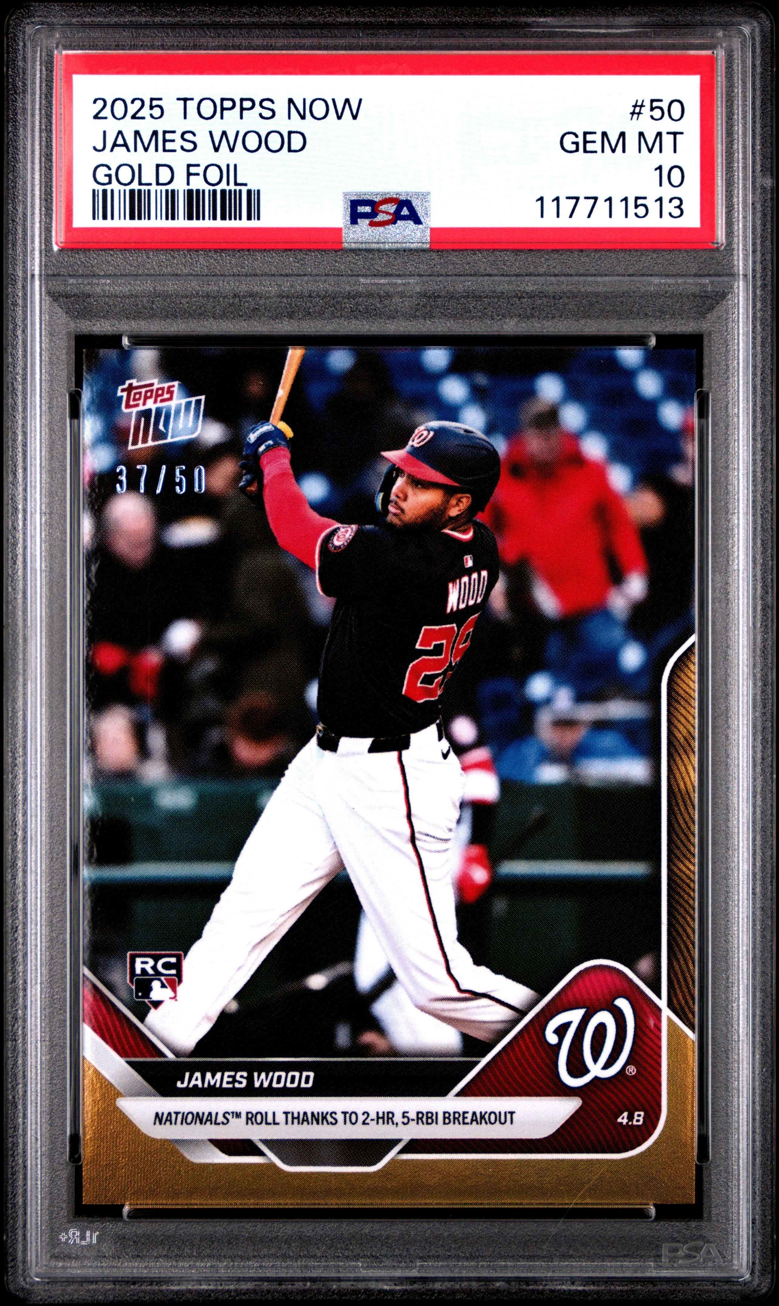 Graded 2025 Topps Now James Wood #50 Gold Foil /50 Rookie RC Baseball Card PSA 10 Gem Mint
