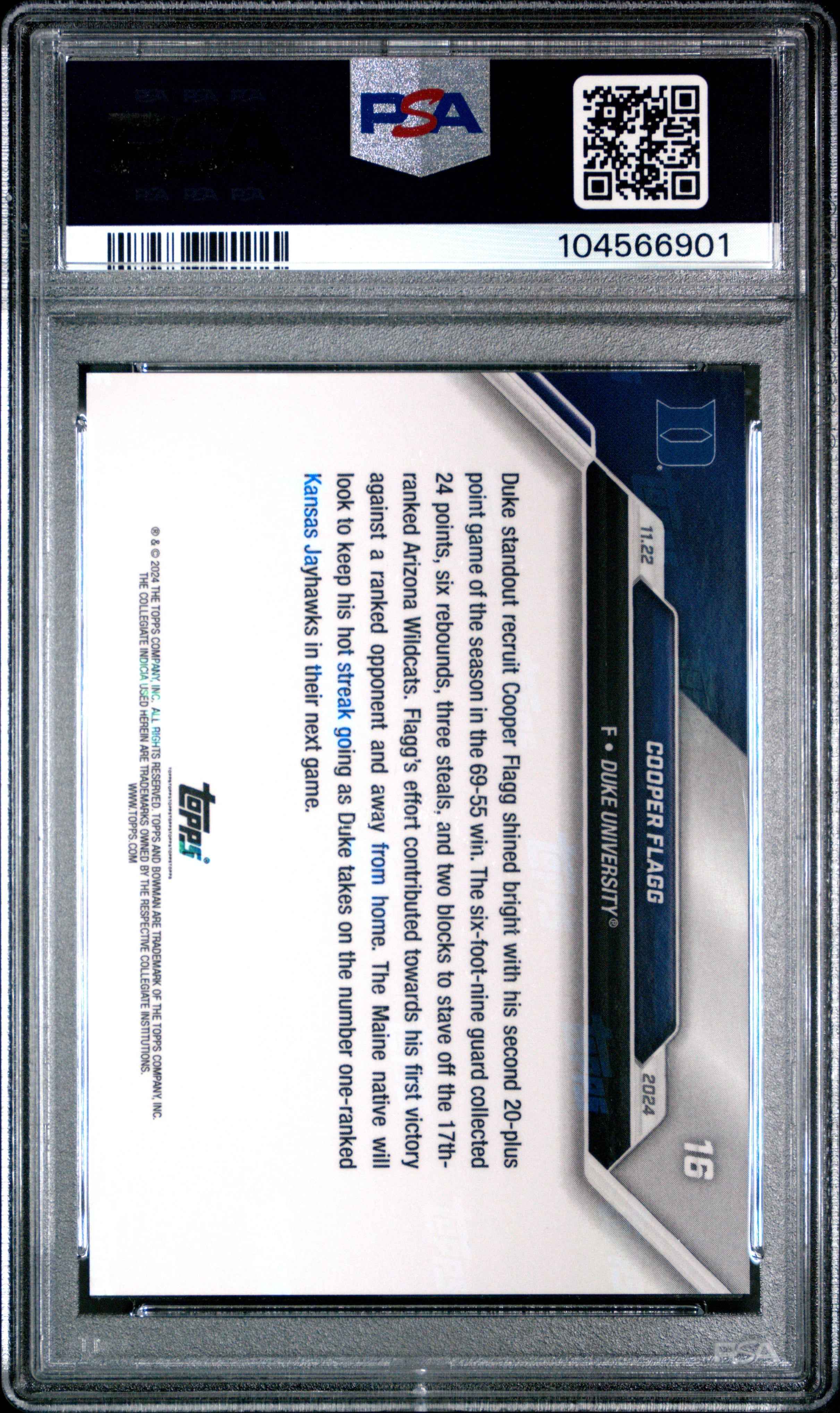 Graded 2024 Topps Bowman U Now Cooper Flagg #16 Rookie RC Basketball Card PSA 9 Mint