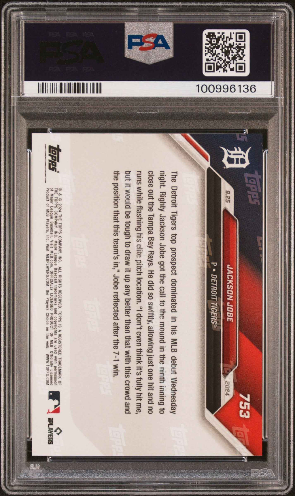 Graded 2024 Topps Now Jackson Jobe #753 Rookie RC Baseball Card PSA 10 Gem Mint
