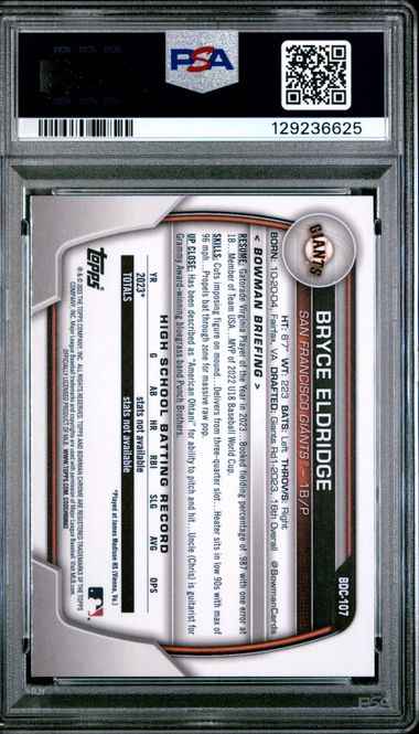 Graded 2023 Topps Bowman Draft Bryce Eldridge #BDC107 Chrome Sky Blue Refractor Rookie RC Baseball Card PSA 10 Gem Mint