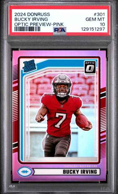 Graded 2024 Panini Donruss Bucky Irving #301 Optic Preview Pink Rookie RC Football Card PSA 10 Gem Mint